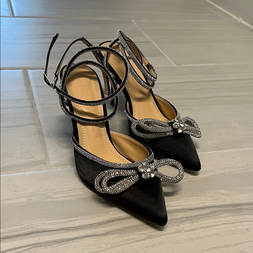 Black Satin Heels with Rhinestone Bow